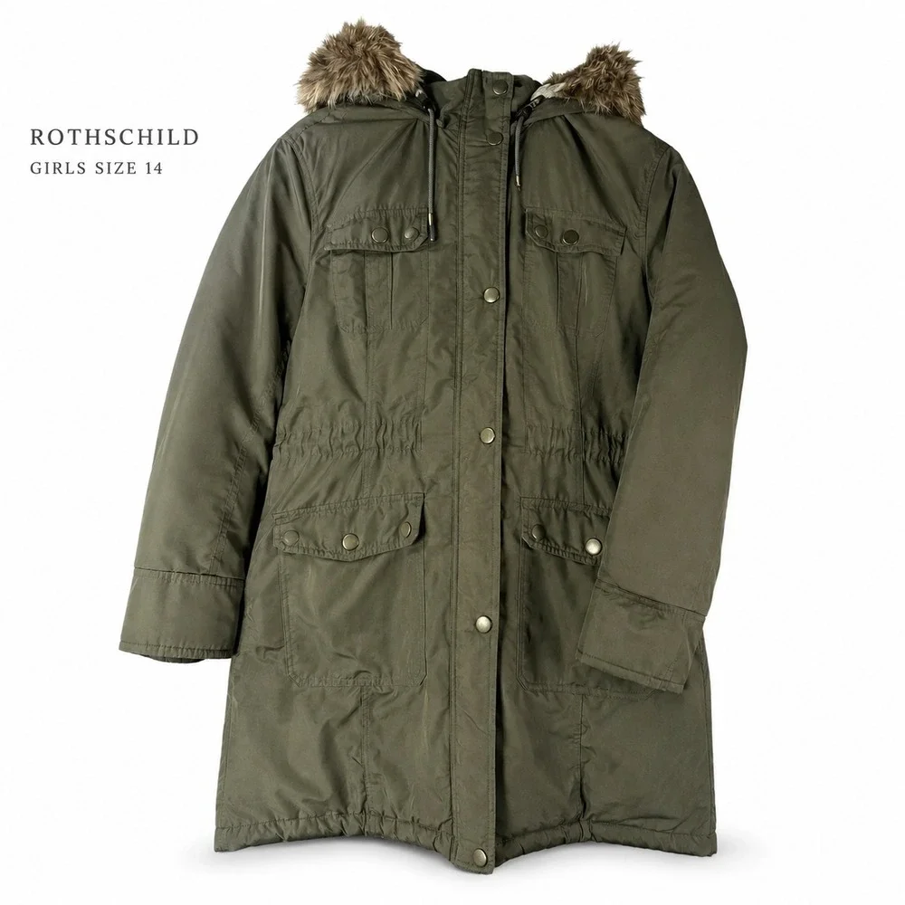 Rothschild Girls Size 14 Olive Green Hooded Parka Coat Faux Fur Trim Jacket